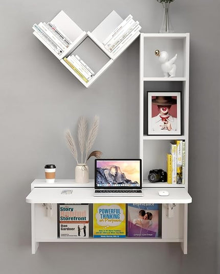 Folding Wall Mounted Drop Leaf Table, Foldable Desk with Moveable Cabinets, Floating Laptop with Convertible Storage Shelves, Multifunctional Computer Workstation in Home for Space Saving - LeafyLoom