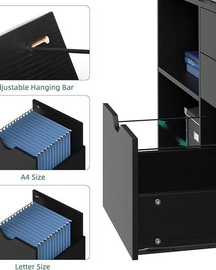 YITAHOME Wood File Cabinet, 3 Drawer Mobile Lateral Filing Cabinet, Storage Cabinet for A4, Letter Size Files, Printer Stand with Shelves for Home Office, Black - LeafyLoom