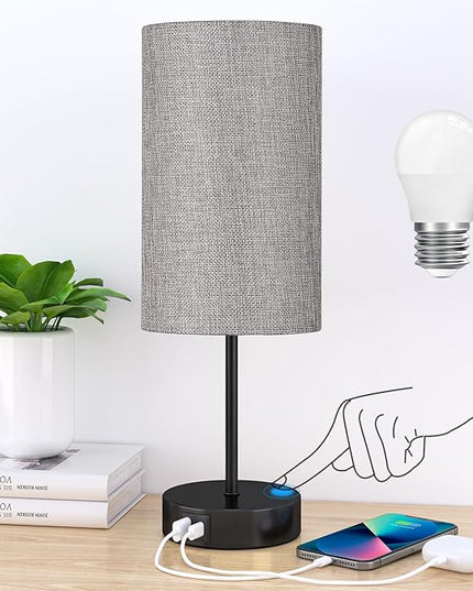 AKASUKI Table Lamp for Bedroom, 3 Way Dimmable Touch Lamp with Dual Charging Station, Small Bedside Lamps for Night Stands, Living Room, Office(LED Bulb Included) - LeafyLoom