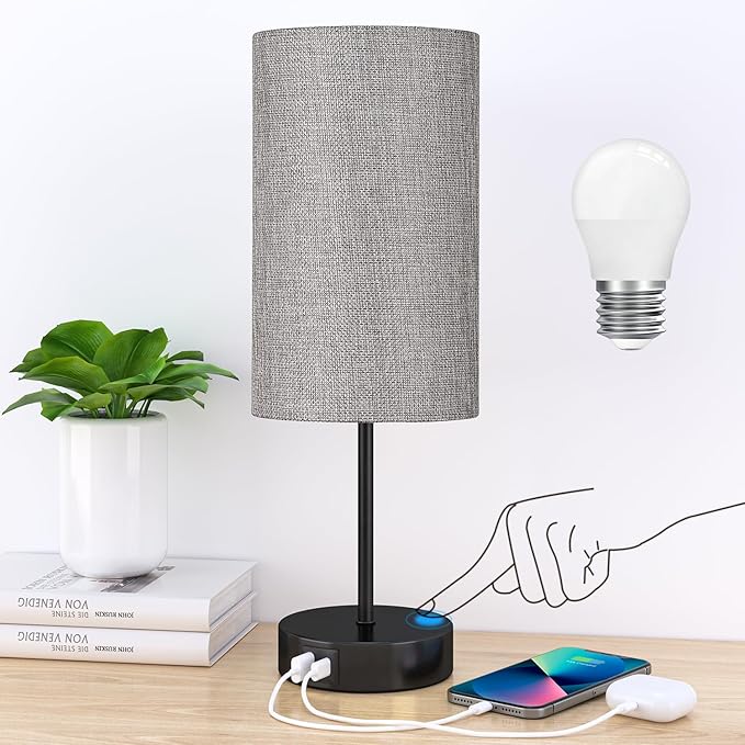 AKASUKI Table Lamp for Bedroom, 3 Way Dimmable Touch Lamp with Dual Charging Station, Small Bedside Lamps for Night Stands, Living Room, Office(LED Bulb Included) - LeafyLoom