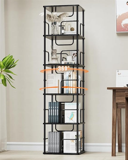 5 Tier Square Rotating Bookshelf, 360 ° Display Stackable Spinning Bookshelf Tower, Space Saving Tall Floor Standing Swivel Bookcase Corner Storage Organizer for Bedroom, Living Room, Black - LeafyLoom