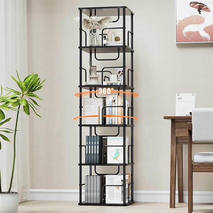 5 Tier Square Rotating Bookshelf, 360 ° Display Stackable Spinning Bookshelf Tower, Space Saving Tall Floor Standing Swivel Bookcase Corner Storage Organizer for Bedroom, Living Room, Black - LeafyLoom