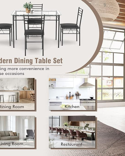 Tangkula 5 Pieces Dining Set 4 Person Home Kitchen Glass Top Table and Chairs Breakfast Furniture, 43.5 x 27.5 x 30 inches,16 x 17 x 34 inches, Black - LeafyLoom