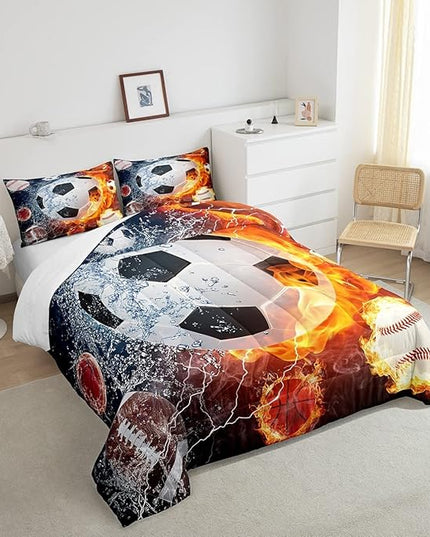 Erosebridal Boys Soccer Bedding Set Football Sports Queen Comforter Set for Kids Teens Youth Bedroom Decor Lightning Baseball Quilt Duvet Water Fire Basketball Comforter with 2 Pillow Cases Red Blue - LeafyLoom