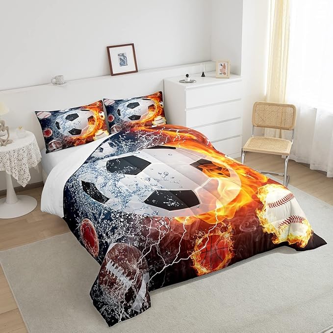 Erosebridal Boys Soccer Bedding Set Football Sports Queen Comforter Set for Kids Teens Youth Bedroom Decor Lightning Baseball Quilt Duvet Water Fire Basketball Comforter with 2 Pillow Cases Red Blue - LeafyLoom