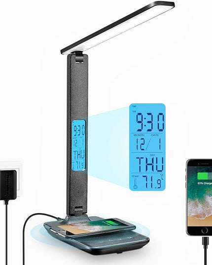 LAOPAO LED Desk Lamp with Wireless Charger, USB Charging Port, Adjustable & Foldable with Clock, Alarm, Date, Temperature, 5-Level Dimmable Lighting, for Office with Adapter - LeafyLoom
