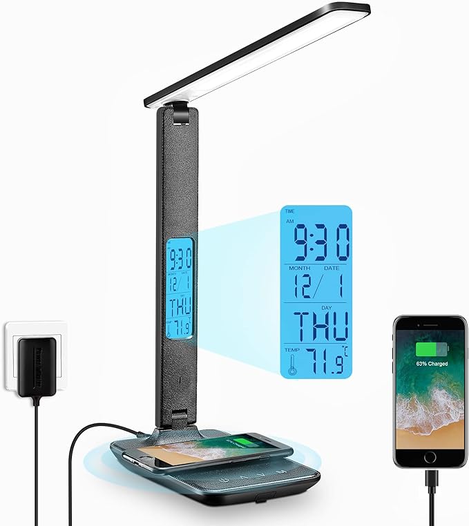 LAOPAO LED Desk Lamp with Wireless Charger, USB Charging Port, Adjustable & Foldable with Clock, Alarm, Date, Temperature, 5-Level Dimmable Lighting, for Office with Adapter - LeafyLoom