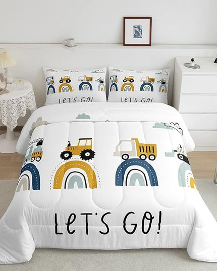 Boys Cartoon Car Comforter Set, Kids Construction Vehicles Comforter for Kids Children Cartoon Rainbow Truck Bedding Set Cute Cars Soft Quilt Set Bedroom Collection 3Pcs Full Size - LeafyLoom