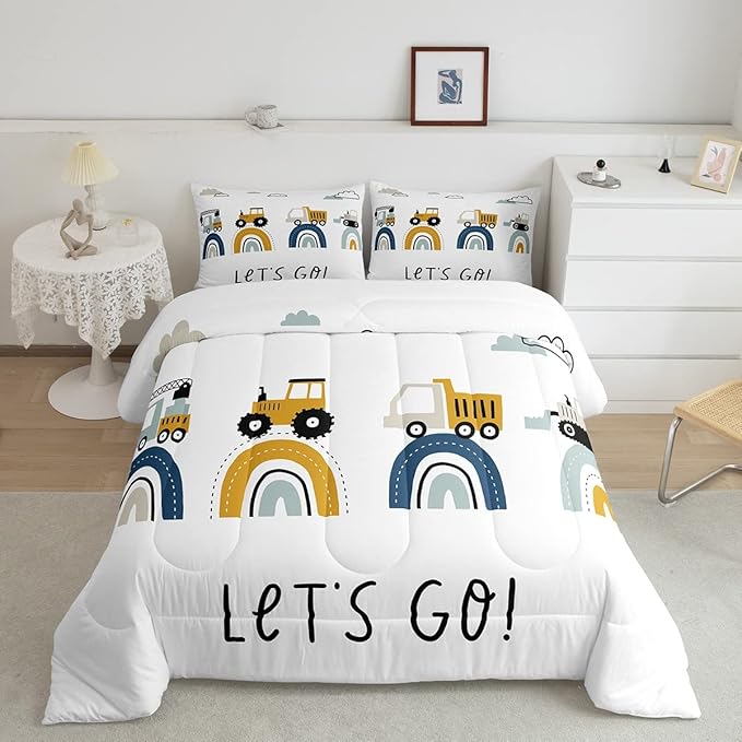Boys Cartoon Car Comforter Set, Kids Construction Vehicles Comforter for Kids Children Cartoon Rainbow Truck Bedding Set Cute Cars Soft Quilt Set Bedroom Collection 3Pcs Full Size - LeafyLoom