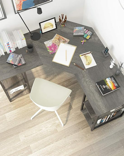 Elephance L-Shaped Desk with Shelves, Computer Corner Desk, Home Office Writing Workstation, Gaming Desk PC Laptop Table with Storage - LeafyLoom