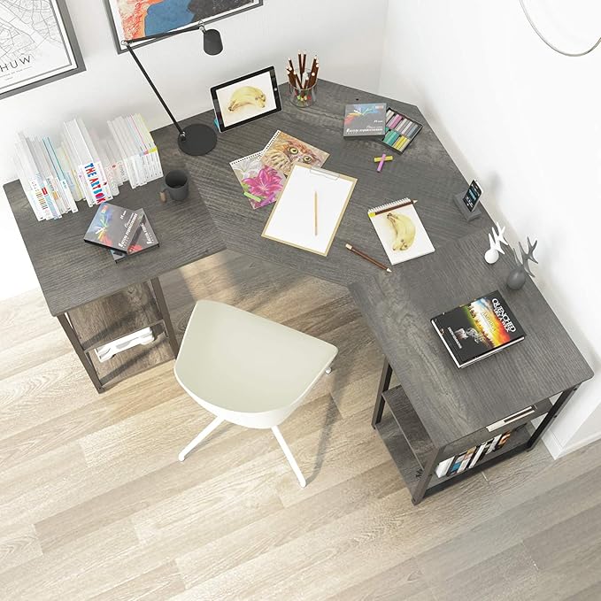 Elephance L-Shaped Desk with Shelves, Computer Corner Desk, Home Office Writing Workstation, Gaming Desk PC Laptop Table with Storage - LeafyLoom