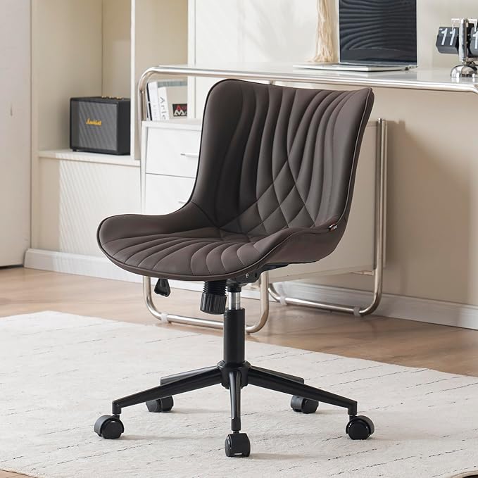 YOUNIKE Office Chair, Armless Desk Chair with Wheels, Home Office Computer Task Chairs, Modern Faux Leather Upholstered Vanity Chair, Adjustable Swivel Rocking Chair with Back, Espresso Brown - LeafyLoom
