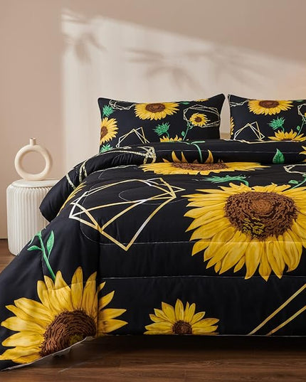 Sunflower Comforter Sets,Seamless Pattern with Golden Polygonal Shapes and Sunflowers in Watercolor Style,Decorative Bedding Comforter Sets with 2 Pillow Shams, Twin Size - LeafyLoom