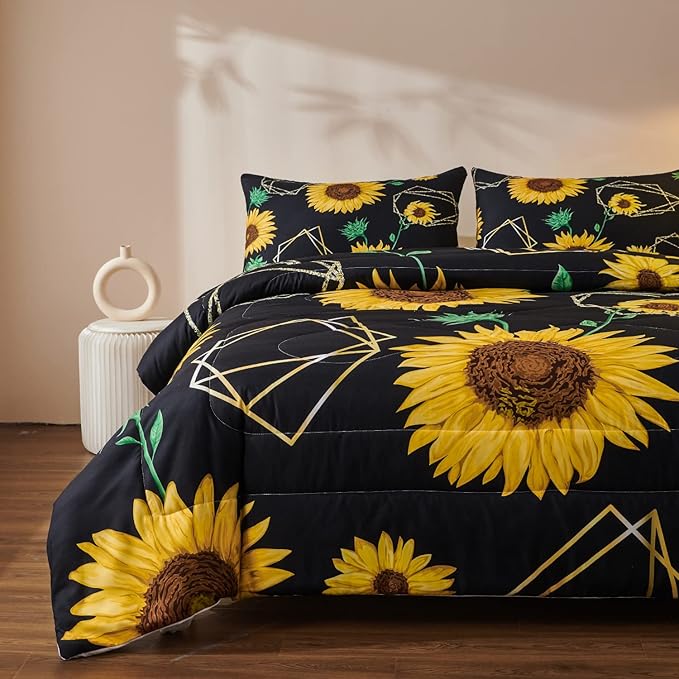 Sunflower Comforter Sets,Seamless Pattern with Golden Polygonal Shapes and Sunflowers in Watercolor Style,Decorative Bedding Comforter Sets with 2 Pillow Shams, Twin Size - LeafyLoom