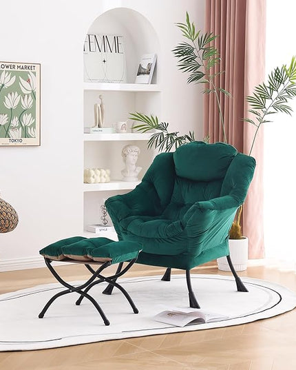 Welnow Lazy Chair with Ottoman, Modern Lounge Accent Chair with Armrests and a Side Pocket, Leisure Sofa Chair, Reading Chair with Footrest for Small Space, Corner Chair, Dark Green - LeafyLoom