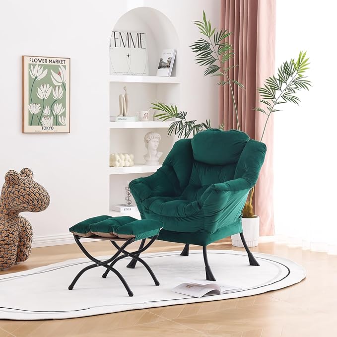 Welnow Lazy Chair with Ottoman, Modern Lounge Accent Chair with Armrests and a Side Pocket, Leisure Sofa Chair, Reading Chair with Footrest for Small Space, Corner Chair, Dark Green - LeafyLoom