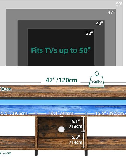 YITAHOME TV Stands for Living Room, Entertainment Center w/Power Outlets, Television Stands w/Open Storage, Small LED TV Stand for 50inch TV, Retro Brown - LeafyLoom
