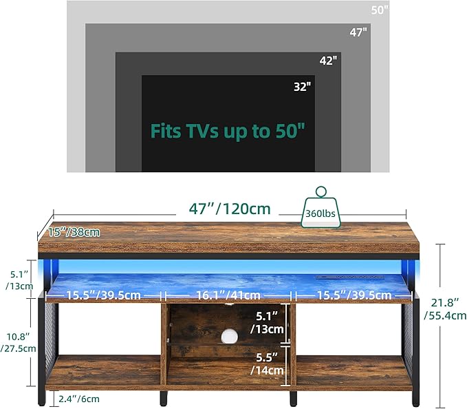 YITAHOME TV Stands for Living Room, Entertainment Center w/Power Outlets, Television Stands w/Open Storage, Small LED TV Stand for 50inch TV, Retro Brown - LeafyLoom