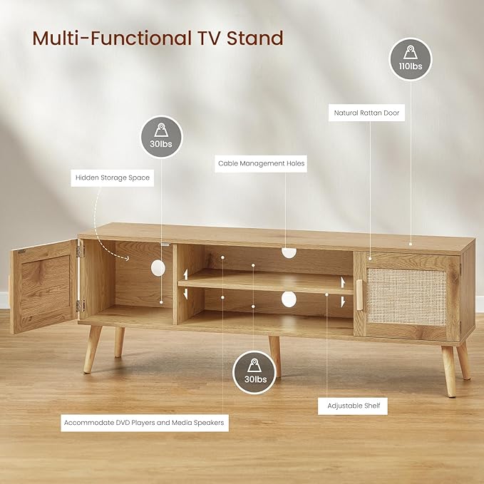 Iwell Boho Rattan TV Stand for 70 inch TV, Large TV Console, Entertainment Center with Adjustable Shelf and 2 Cabinets, Mid Century Modern TV Stands for Living Room, Bedroom, Natural - LeafyLoom