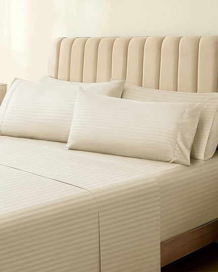 LuxClub 6 PC Full Size Sheet Set Bed Sheets, Breathable Luxury Bed Sheets, Deep Pockets 18" Wrinkle Free Cooling Bed Sheets Machine Washable Hotel Bedding (Full, Striped Cream) - LeafyLoom