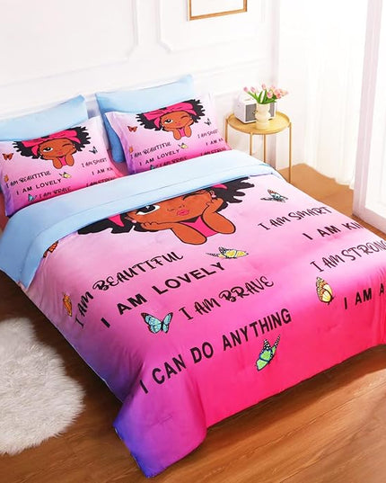 7 Piece Black Girls Magic Comforter Sets Full Size African American Girl Bedding Set Bed in A Bag for Girls Kids Teens Inspirational Quotes Pink Blue Quilts Room Decor - LeafyLoom