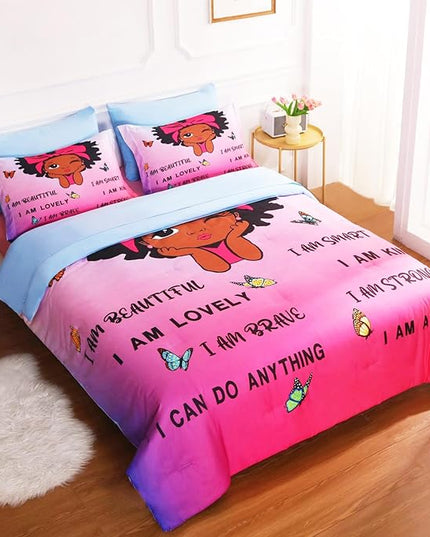 7 Piece Black Girls Magic Comforter Sets Queen Size African American Girl Bedding Set Bed in A Bag for Girls Kids Teens Inspirational Quotes Pink Blue Quilts Room Decor - LeafyLoom