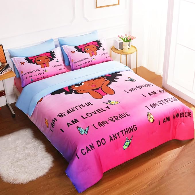 7 Piece Black Girls Magic Comforter Sets Queen Size African American Girl Bedding Set Bed in A Bag for Girls Kids Teens Inspirational Quotes Pink Blue Quilts Room Decor - LeafyLoom