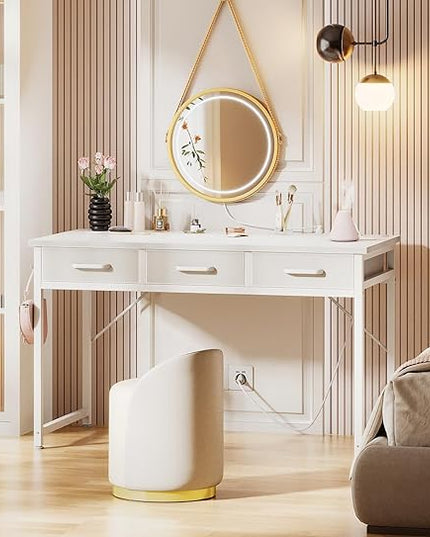 AODK Vanity Desk without Mirror, Makeup Vanity with 3 Fabric Drawers, White Vanity Desk Dressing Vanity Table with Charging Station, 48 Inch Large Girl Vanity, Desk Make Up Vanity for Girls, White - LeafyLoom