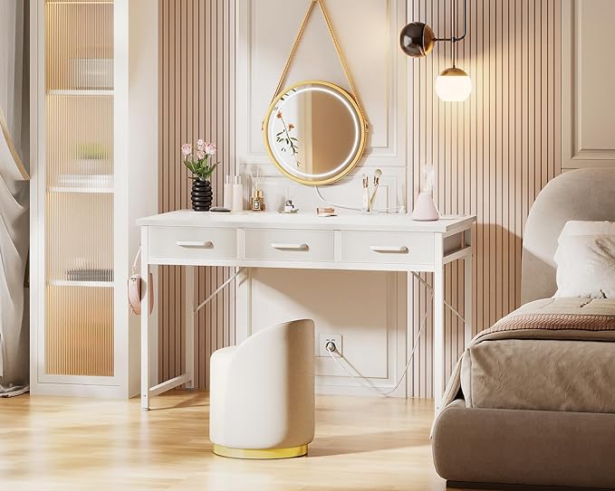 AODK Vanity Desk without Mirror, Makeup Vanity with 3 Fabric Drawers, White Vanity Desk Dressing Vanity Table with Charging Station, 48 Inch Large Girl Vanity, Desk Make Up Vanity for Girls, White - LeafyLoom