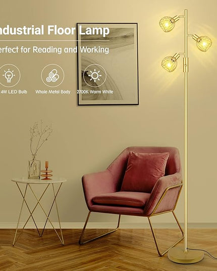 Gold Floor Lamp, Industrial Floor Lamp, Modern Standing lamp with 3 Adjustable Light, 4W E12 LED Bulbs, Metal Stand Up Lamps, Vintage Farmhouse Tree Floor Lamps for Living Room/Bedroom/Office - LeafyLoom