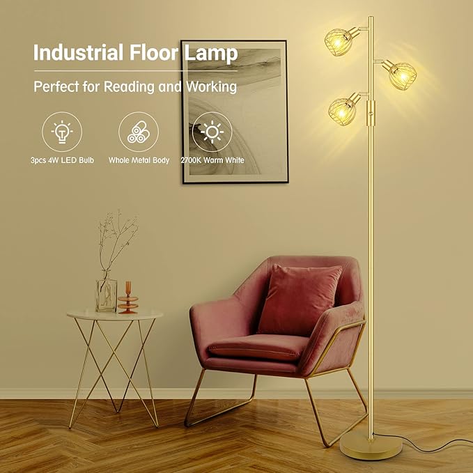 Gold Floor Lamp, Industrial Floor Lamp, Modern Standing lamp with 3 Adjustable Light, 4W E12 LED Bulbs, Metal Stand Up Lamps, Vintage Farmhouse Tree Floor Lamps for Living Room/Bedroom/Office - LeafyLoom