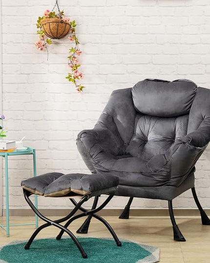 HollyHOME Fabric Lazy Chair with Foldable Ottoman, Accent Comfy Lounge Arm Chair and Folding Footrest Stool Set, Leisure Sofa Reading Chair and Footstool for Living Room, Bedroom, Dorm, Smoky Grey - LeafyLoom