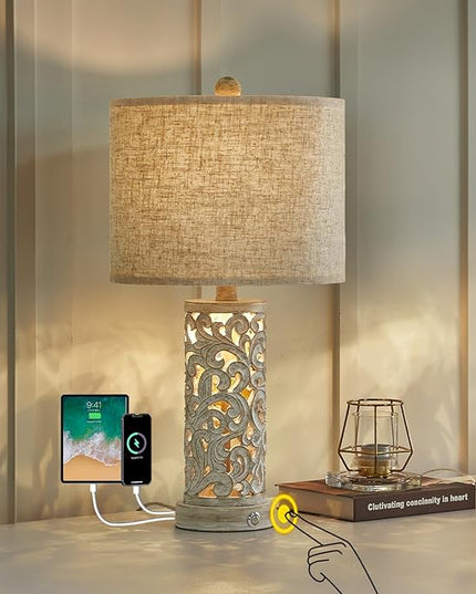 OYEARS 3-Way Dimmable 22'' USB A+C Touch Control Table Lamp with Nightlight for Living Room Bedroom Farmhouse Bedside Nightstand Lamps (Bulb Included) - LeafyLoom