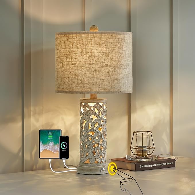 OYEARS 3-Way Dimmable 22'' USB A+C Touch Control Table Lamp with Nightlight for Living Room Bedroom Farmhouse Bedside Nightstand Lamps (Bulb Included) - LeafyLoom