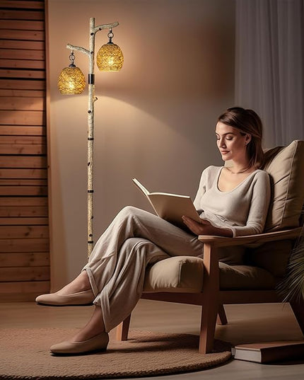 68.5" Rustic Farmhouse Remote Control Switch Birch Tree Floor lamp with Bird Nest Lantern Shade Vintage Standing Lamp for Living Room Bedroom Hotel Bar Office Wood House(LED Bulb Included) - LeafyLoom