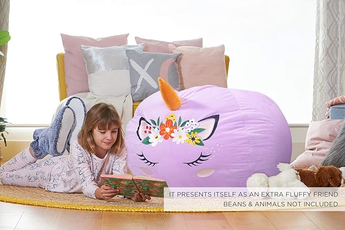 Aubliss Stuffed Animal Storage, Velvet Bean Bag Chairs Cover, Large 32" Ultra Soft Kids Toy Storage Organizer for Blankets Towels Clothes, Purple Floral - LeafyLoom