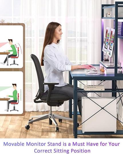 armocity 2024 Upgrade Gaming Desk with Hutch, 55.2'' Magic Computer Desk with LED Lights and Outlets, Reversible Workstation Desk with Pegboard and Monitor Stand, Gamer Desk PC Table, White and Blue - LeafyLoom