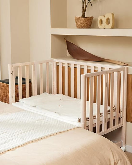 EvoNook 7-in-1 Convertible Mini Crib - Washed White, Portable Folding Baby Mini Crib with 1.5 Inch Mattress, 100% New Zealand Pinewood, 4 Adjustable Mattress Heights - LeafyLoom