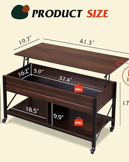 WLIVE Coffee Table, 41" Lift Top Coffee Table with Hidden Compartment, Multi-Function Coffee Table with 4 Wheels and 2 Storage Shelves for Living Room and Bedroom, Espresso - LeafyLoom