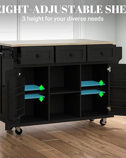 Kitchen Island with Drop Leaf and Storage 53in Rolling Kitchen Island On Wheels Black Large Mobile Kitchen Island Cart with Drawers Cabinet Spice Rack Towel Rack Storage for Kitchen - LeafyLoom