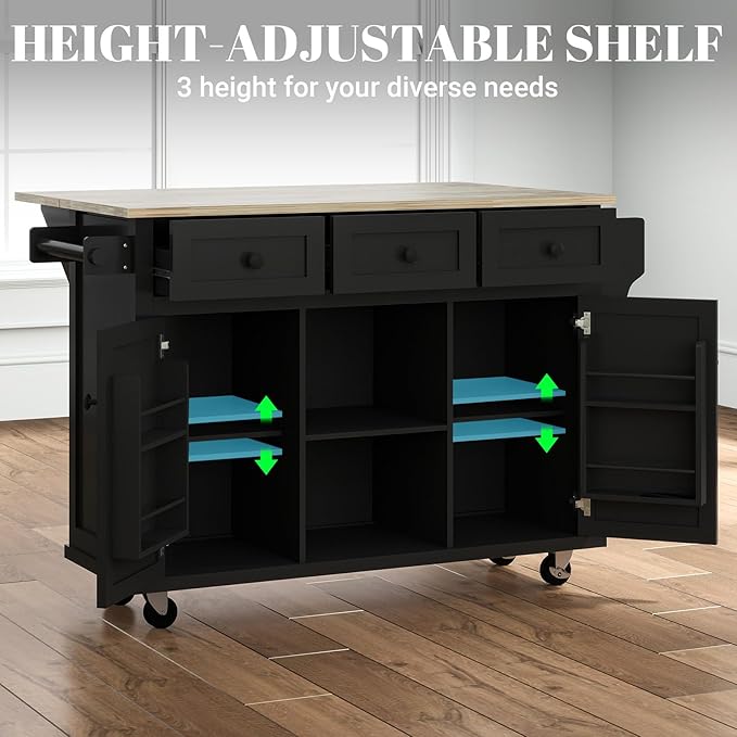 Kitchen Island with Drop Leaf and Storage 53in Rolling Kitchen Island On Wheels Black Large Mobile Kitchen Island Cart with Drawers Cabinet Spice Rack Towel Rack Storage for Kitchen - LeafyLoom