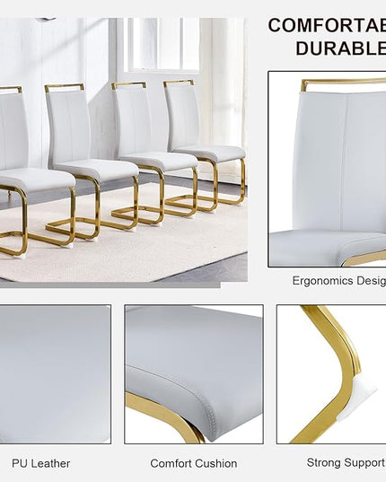 Modern Dining Chairs Set of 6,High Back Light Grey Kitchen Chairs,Faux Leather Side Chair with Gold Plated Metal Legs,Easy to Clean Upholstered Dining Chairs,Ideal for Living Room - LeafyLoom