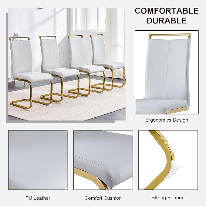Modern Dining Chairs Set of 6,High Back Light Grey Kitchen Chairs,Faux Leather Side Chair with Gold Plated Metal Legs,Easy to Clean Upholstered Dining Chairs,Ideal for Living Room - LeafyLoom