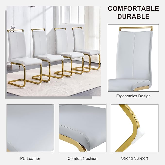 Modern Dining Chairs Set of 4,High Back Kitchen Chairs,Faux Leather Side Chair with Gold Plated Metal Legs,Easy to Clean Upholstered Dining Chairs,Ideal for Living Room(Gold Leg) - LeafyLoom