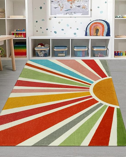 Kids Rugs for Playroom 5'x7' Rug, Boho Washable Area Rug for Kids Room, Rainbow Kids Nursery Rug Non-Slip Sunshine Carpet Soft Colorful Rug for Classroom Office Dining Room - LeafyLoom