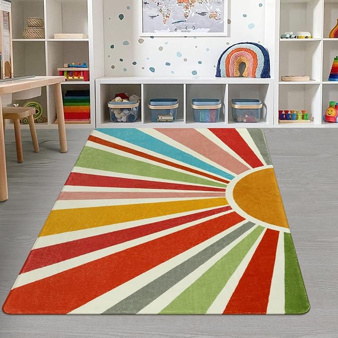 Kids Rugs for Playroom 5'x7' Rug, Boho Washable Area Rug for Kids Room, Rainbow Kids Nursery Rug Non-Slip Sunshine Carpet Soft Colorful Rug for Classroom Office Dining Room - LeafyLoom