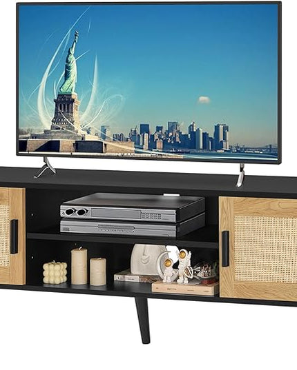 Iwell Rattan TV Stand for 70 inch TV, Entertainment Center with Adjustable Shelf & 2 Cabinets, TV Stands for Living Room, Bedroom, Natural + Black - LeafyLoom