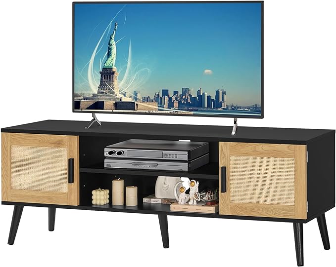 Iwell Rattan TV Stand for 70 inch TV, Entertainment Center with Adjustable Shelf & 2 Cabinets, TV Stands for Living Room, Bedroom, Natural + Black - LeafyLoom