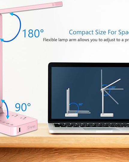 Drevet LED Desk Lamp, Desk Light with 1 USB Charging Port and 2 AC Power Outlet, 3 Lighting Modes, 3 Level Brightness,1H Timer, Touch Control, Eye-Caring Home Office Foldable Table Lamp (Pink) - LeafyLoom