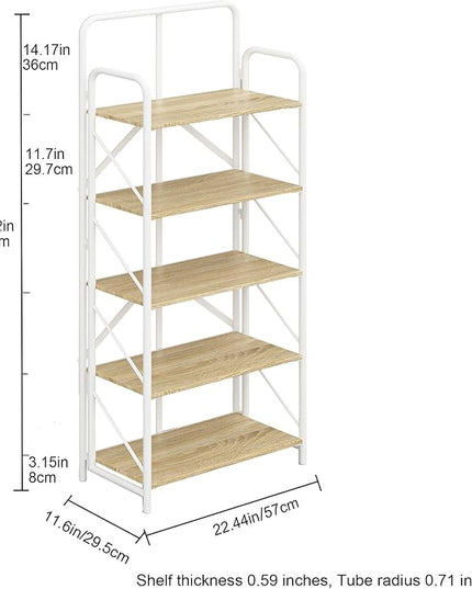 JSB No Assembly Folding Bookshelf, 5 Tier Industrial Metal Book Shelf for Storage, Vintage Wood foldable Bookcase for Living Room, Bedroom, Office Organization Shelves - LeafyLoom